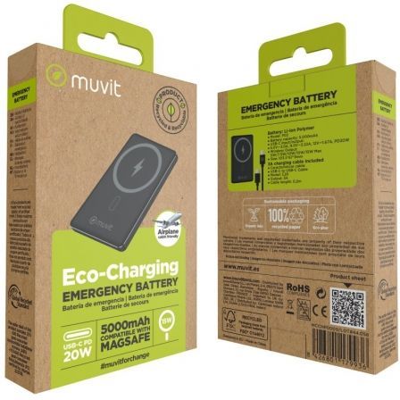 Muvit Powerbank 5000mAh 20W Carga Inalámbrica Negro con Cable USB-C